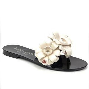 New Kate Spade black patent slide sandals with ivory floral embellishments